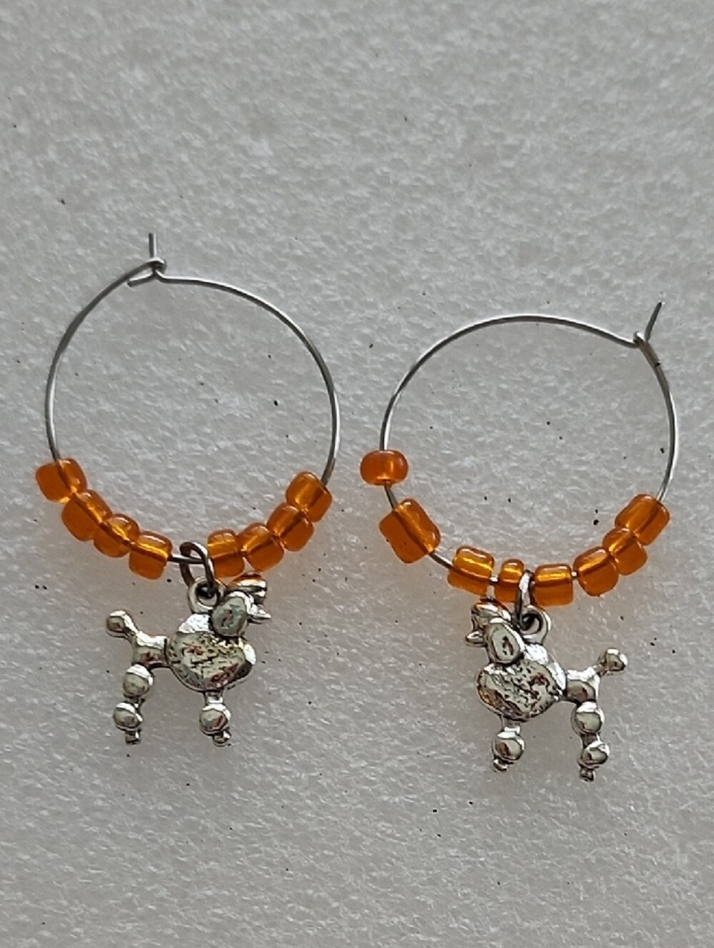 Hand Crafted Silver Poodle Hoop Earrings with Orange Beads